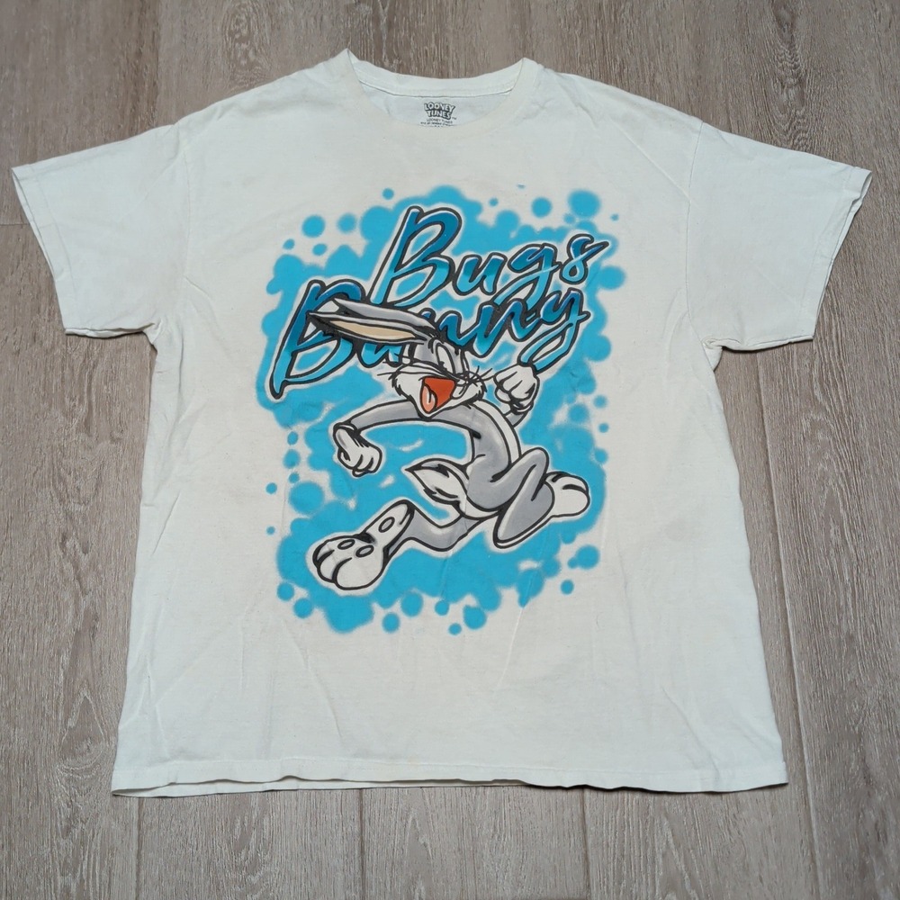 Looney Tunes Bugs Bunny T-Shirt Women L White Airbrush Graphic Tee Distressed